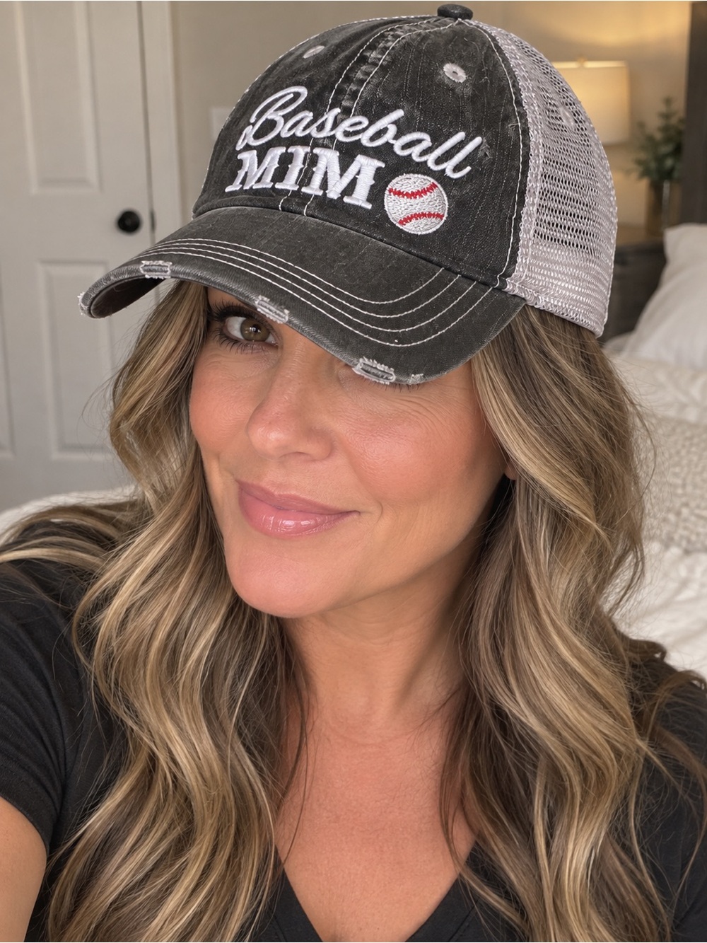 Katydid Baseball MIM Mesh Cap in Black and Cream with Red Accent